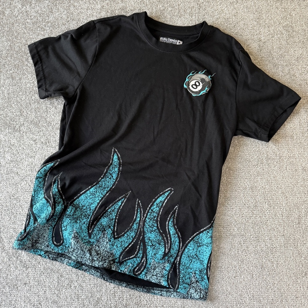 Rebel Minds AOP Blue Flames 8BALL Women's Medium Black T-Shirt Y2K